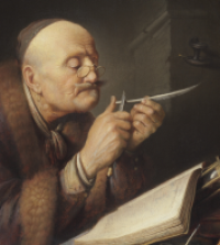 Schilderij van Gerrit Dou - geleerde die zijn pen snijdt